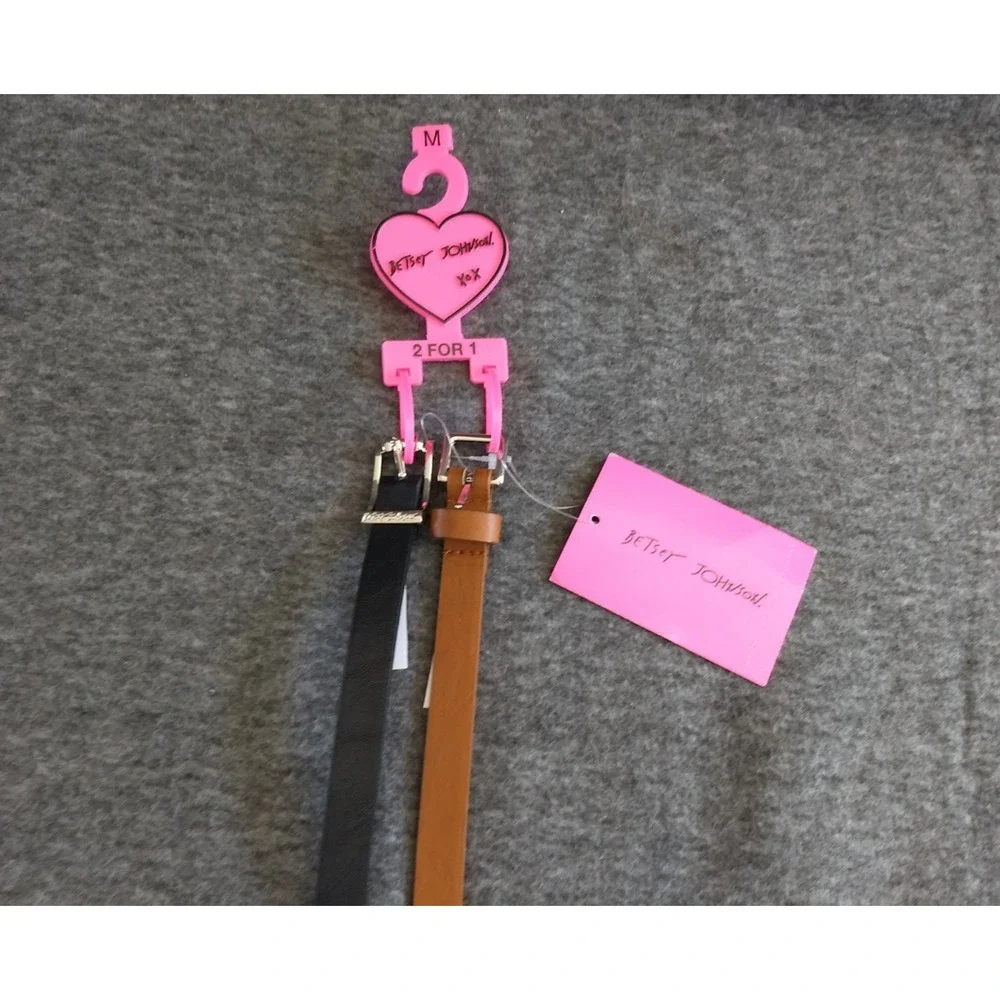 Betsey Johnson Skinny Belt Set of 2 Black & Cognac Leopard Underside Women M NWT